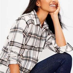 Loft Plaid Ivory Button Down Classic Casual Basic Relaxed Flannel Tunic Shirt XS